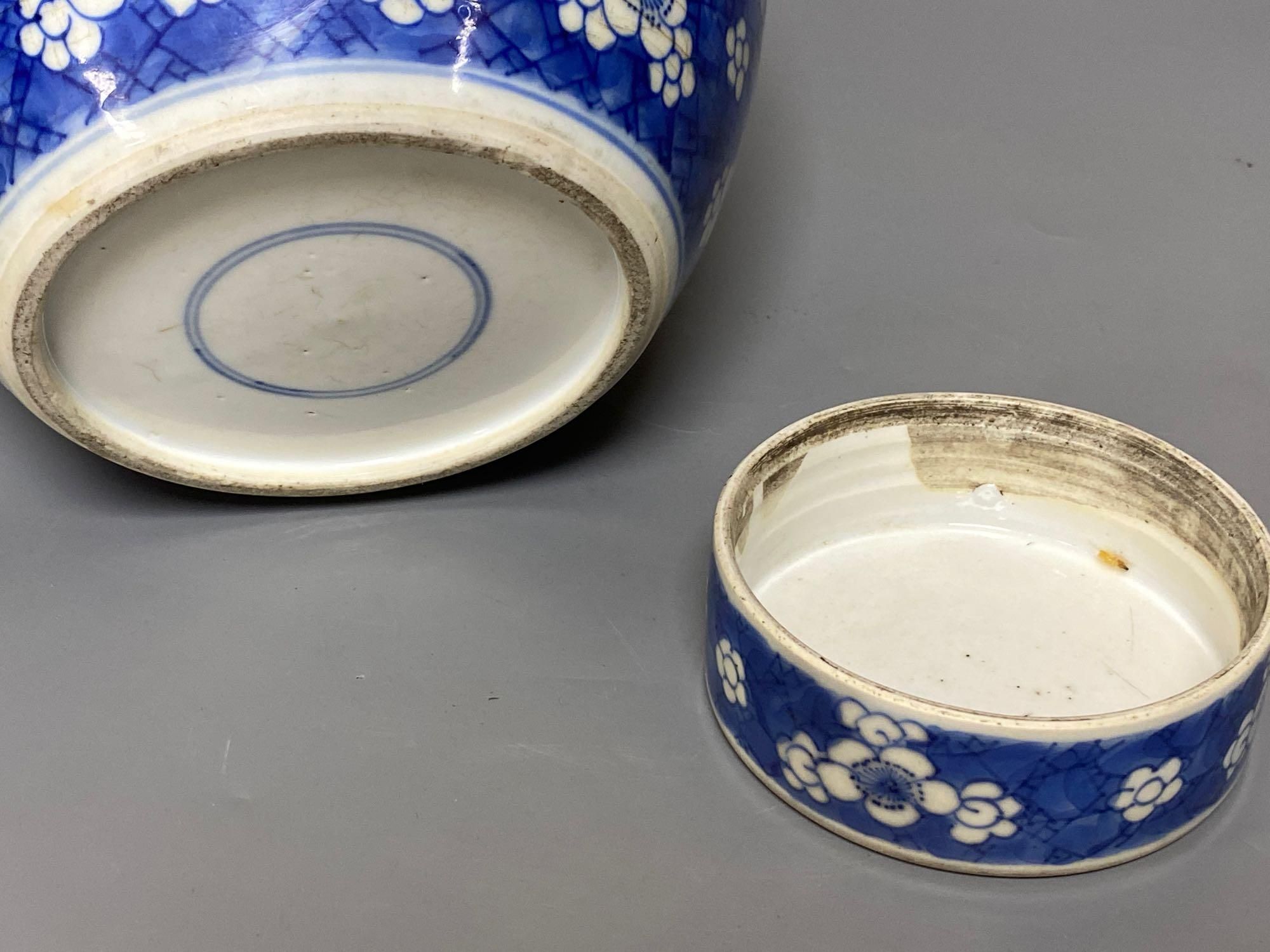 A Chinese blue and white ginger jar and cover, Kangxi period, 22.5cm and two blanc de chine dogs of fo